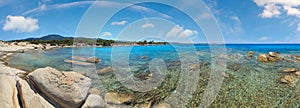 Aegean sea coast landscape, panorama view near Karidi beach Chalkidiki, Greece. People are unrecognizable