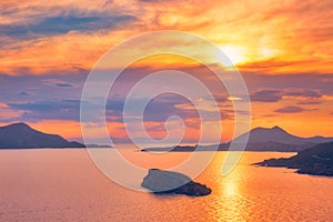 Aegean Sea with islands view on sunset