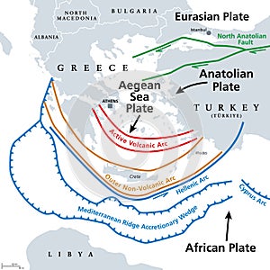 Aegean Sea Plate, also Aegean or Hellenic Plate, gray tectonic map