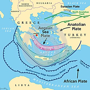 Aegean Sea Plate, also known as Aegean or Hellenic Plate, tectonic map photo