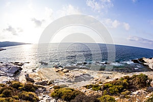 Aegean seashore and marble rocks in Aliki, Thassos island