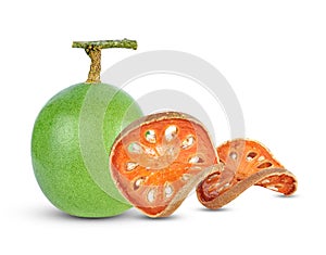 Aegle marmelos and Dry bael fruit, Quince on white background