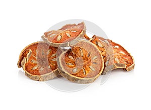 Aegle marmelos. Dry bael fruit on white