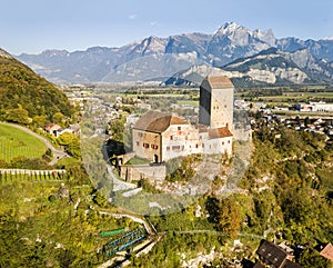 Aeiral image of the medieval castle in Sargans built in 1282