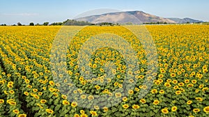 Aeiral photo from dron. Beautiful sunflower  field on summer with blue sky and white cloudy at Lop buri province,THAILAND