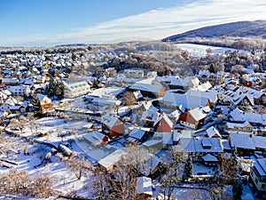 Aeiral shot of Ilsenburg in winter times ,Harz,Saxony-Anhalt, Germany
