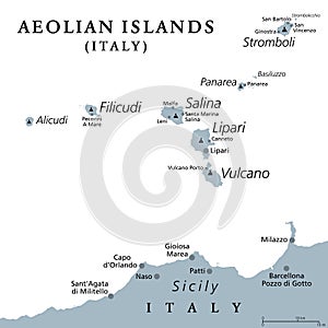 Aeolian Islands, north of Sicily, Italy, gray political map