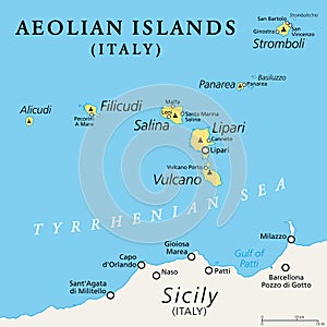 Aeolian Islands, volcanic archipelago north of Sicily, political map