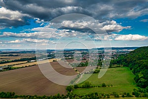 Aer ial view of a German village surrounded by meadows,