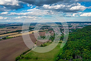 Aer ial view of a German village surrounded by meadows,