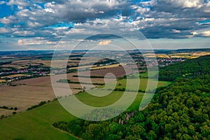 Aer ial view of a German village surrounded by meadows,