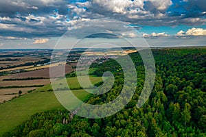 Aer ial view of a German village surrounded by meadows