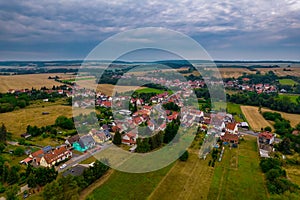 Aer ial view of a German village surrounded by meadows