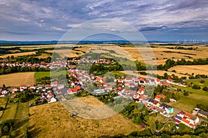 Aer ial view of a German village surrounded by meadows