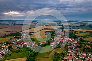 Aer ial view of a German village surrounded by meadows,