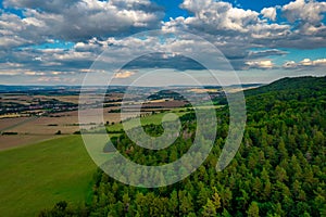 Aer ial view of a German village surrounded by meadows,