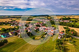 Aer ial view of a German village surrounded by meadows