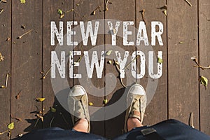 Aerail view of New year new you word on wooden plank floor with