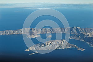 Aeral viewpoint of Greek Telendos and part of Kalymnos islands from Dodecanese archipelago
