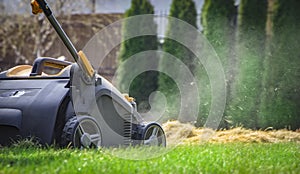 Aeration of the lawn in the garden. Yellow aerator on green grass