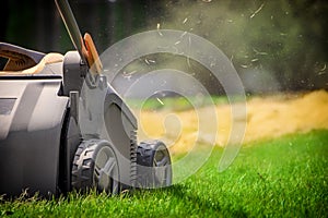 Aeration of the lawn in the garden. Yellow aerator on green grass photo