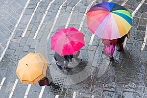 Aereal view of people holding colorful umbrellas photo