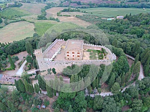 Aereal view strozzavolpe castle chianti drone