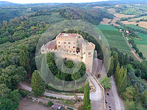 Aereal view strozzavolpe castle chianti drone photo