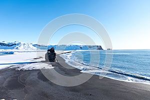 Aereal winter landscape view of Reynisdrangar,Iceland photo