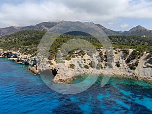 Aeria view of the coast  the sea, coast, forrest and mountain on the north coast of the beautiful island of Mallorca.