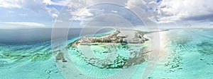 Aerial 360 panoramic view of Cancun beach and city hotel zone in Mexico. Caribbean coast landscape of Mexican resort