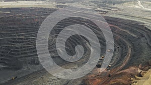 aerial 4k footage of a quarry for the extraction of iron ore. top view of a quarry with working special equipment in it