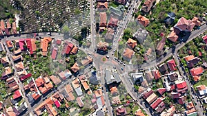 Aerial 4k view of traffic roundabout, intersection of seven streets in old city from a drone