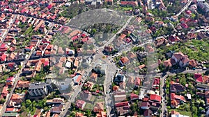 Aerial 4k view of traffic roundabout, intersection of seven streets in old city from a drone