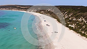 Aerial 4x4 camping Emu bay beach, Kangaroo Island and holiday on pristine shoreline. Tourism South Australia.