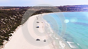 Aerial 4x4 camping Emu bay beach, Kangaroo Island and holiday on pristine shoreline. Tourism South Australia.