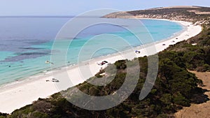 Aerial 4x4 camping Emu bay beach, Kangaroo Island and holiday on pristine shoreline. Tourism South Australia.