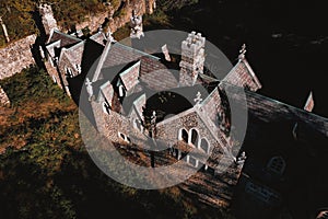 Aerial of Abandoned Gothic Revival Castle - Catskill Mountains, New York