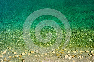 Aerial abstract shot of a coastline color gradient from yellow to blue deeper sea II