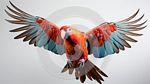 the aerial acrobatics of a parrot on agile flight against a pure white backdrop