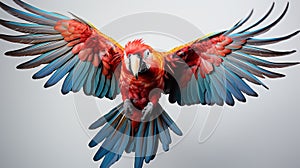 the aerial acrobatics of a parrot on agile flight against a pure white backdrop