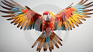 the aerial acrobatics of a parrot on agile flight against a pure white backdrop