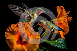 Aerial acrobats, majestic hummingbird feeding on hibiscus flower beautiful wildlife photography. Generative AI