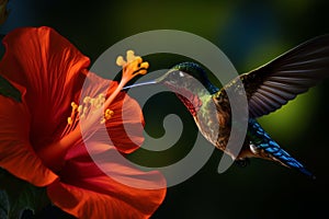 Aerial acrobats, majestic hummingbird feeding on hibiscus flower beautiful wildlife photography. Generative AI