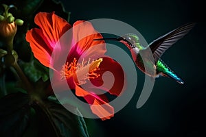 Aerial acrobats, majestic hummingbird feeding on hibiscus flower beautiful wildlife photography. Generative AI