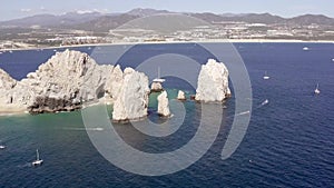 Aerial of The Aerial in Cabo San Lucas yachts sailing around landmark scenery