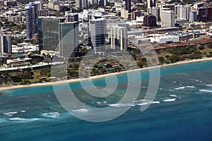 Aerial of Ala Moana Beach Park, mall, condos, and Cityscape of H