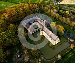 Aerial of Alden Biesen castle trees and grass around Bilzen, Belgium
