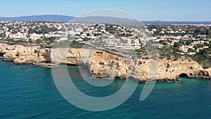Aerial from Algar Seco rock formations near Carvoeiro in the Algarve Portugal
