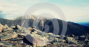 Aerial of alpic landscape from above.An alpic pass landscape,a dry harsh rocky terrain with tall mountain peaks.